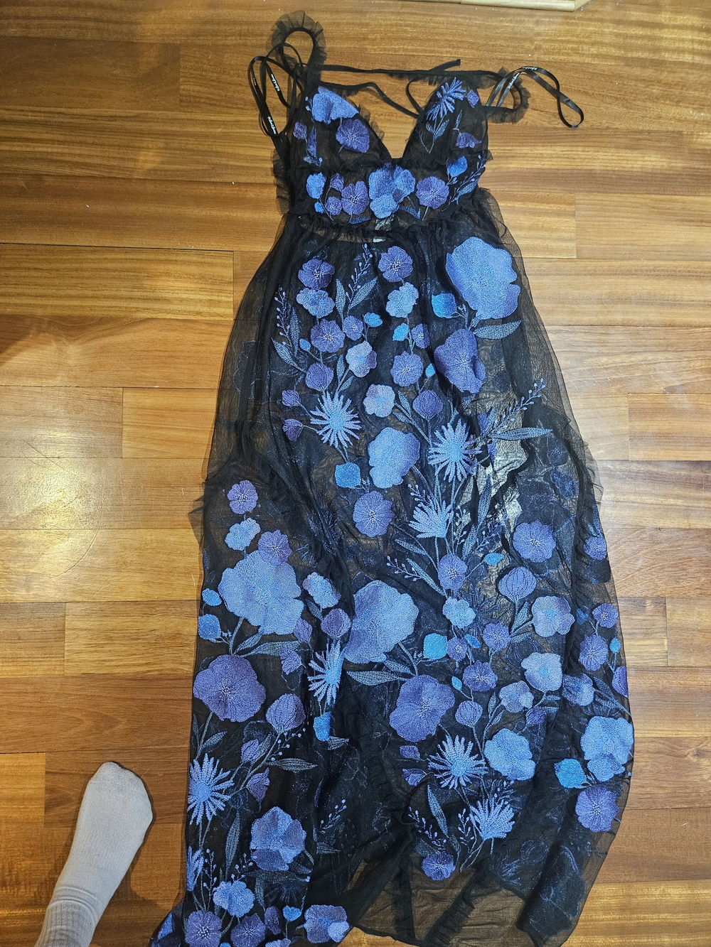 For Love & Lemons Black Sheer Dress with Purple & Blue Floral Embroidery - Picture 3 of 8